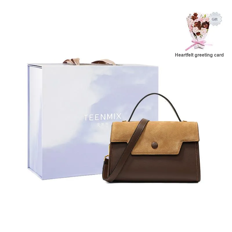 Teenmix Cow Leather Kelly Bag, One Shoulder Handbag Trumpets Women's Khaki/Black/Red Brown-18