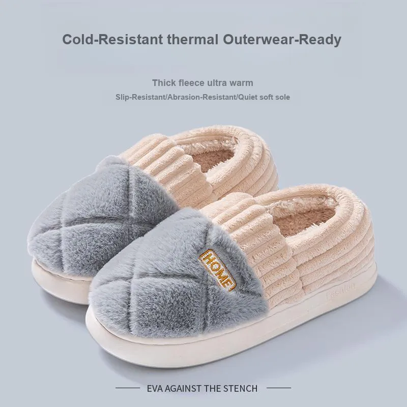Foot Recreation Winter Solid Color Heel Covered Short Plush Platform Minimalist Style Cotton Slippers Unisex-18