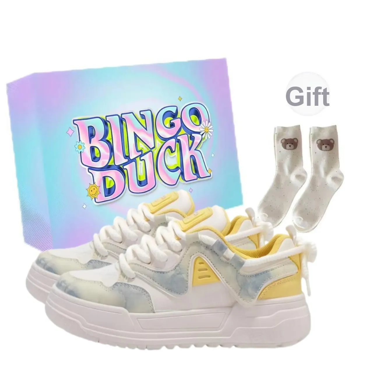 BINGO DUCK Slip Resistant Low Top Skateboard Shoes Women's Blue Yellow