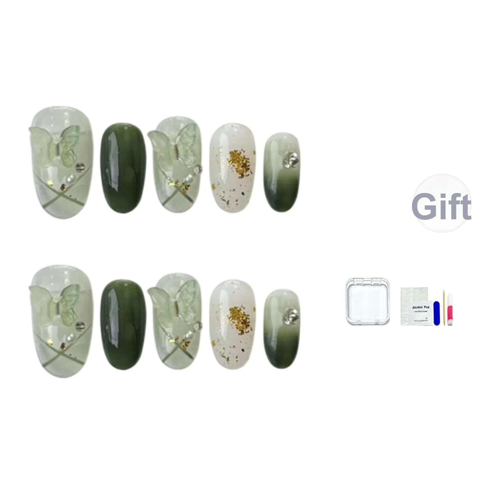 JINGCHANXUE Зеленый Эльф 3D-эффект Бабочка False Nail Овал Свежий Стиль Smudge Instagram 14mm