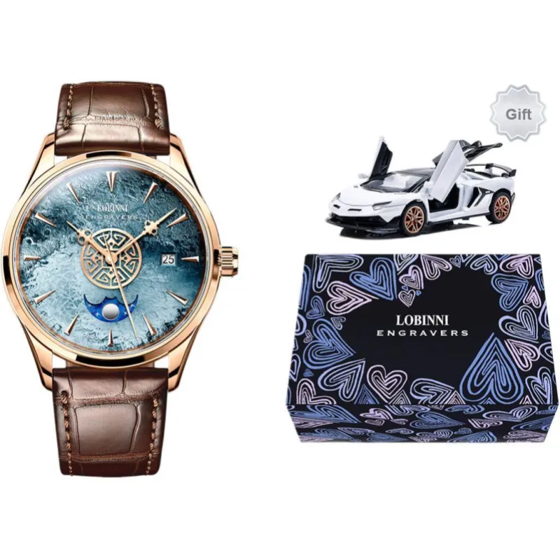 LOBINNI L Automatic Mechanical Movement Genuine Leather Strap Watch Men's Watches Blue Dial-4