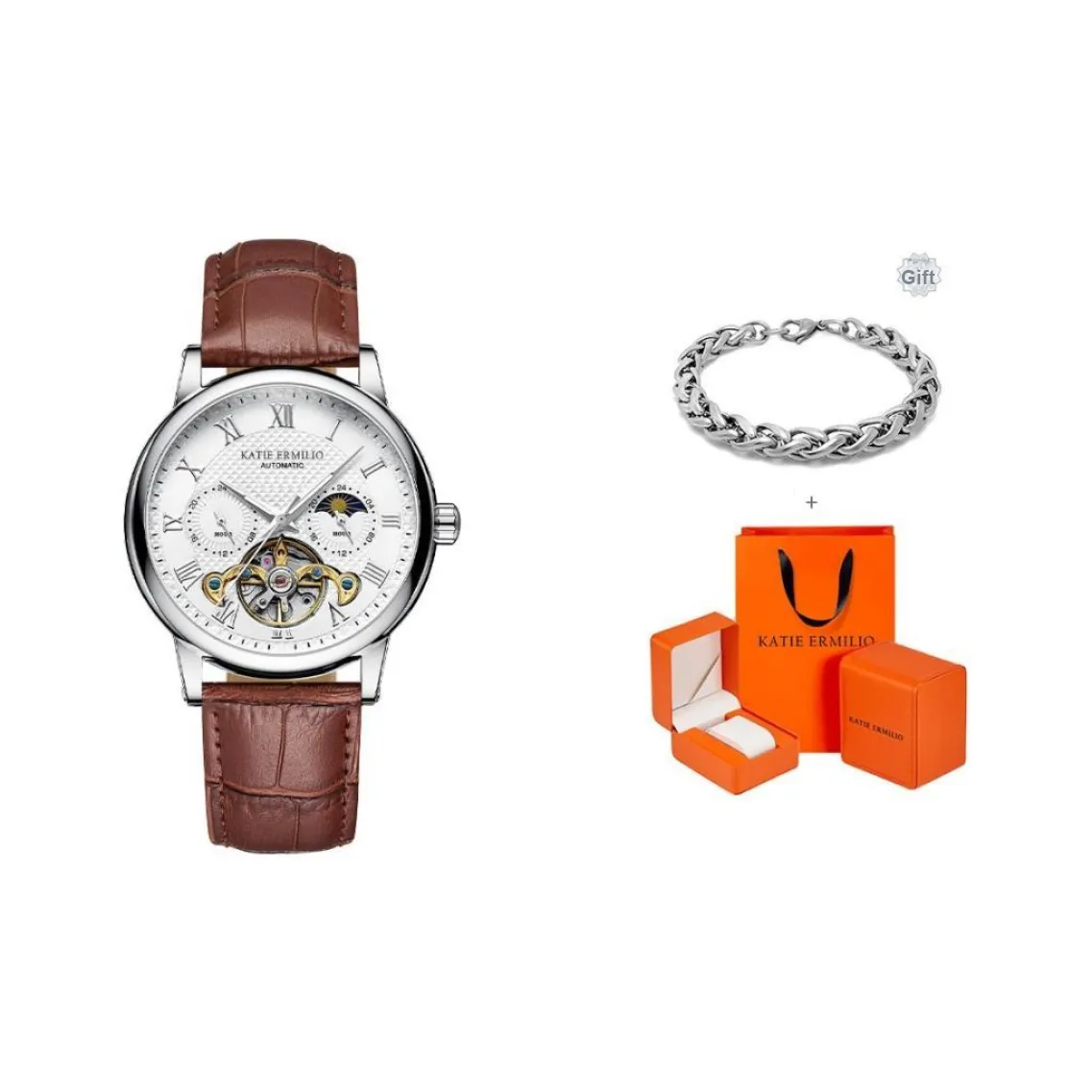 Katie Ermilio Wrist Watch Automatic Mechanical Movement Genuine Leather Strap White Dial Men's Watches