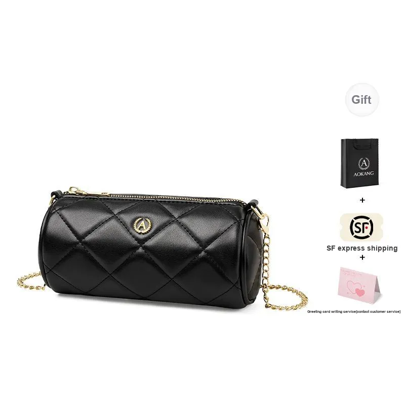 AOKANG Synthetic Leather Cylinder Diamond Pattern Chain Shoulder Bag Women's Classic Black/Ecru-4