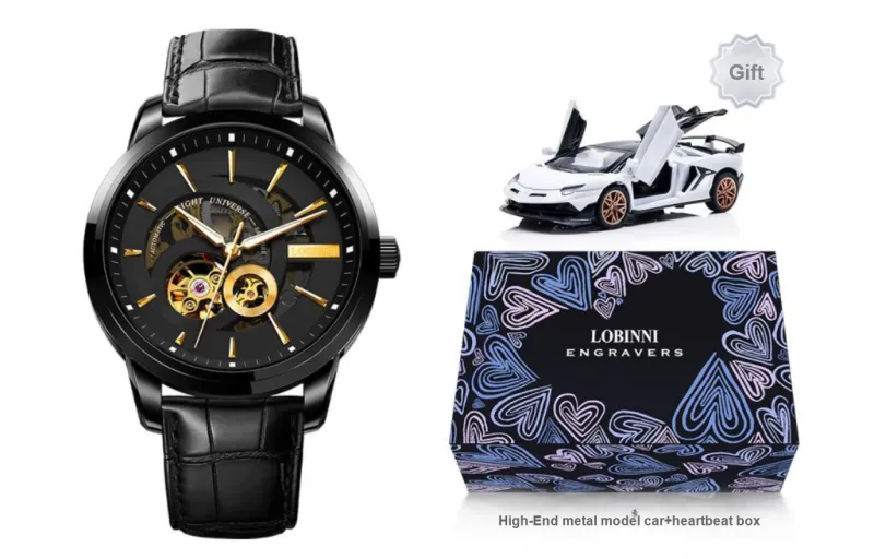 LOBINNI L Automatic Mechanical Movement Genuine Leather Strap Watch Men's Watches Black Dial-1