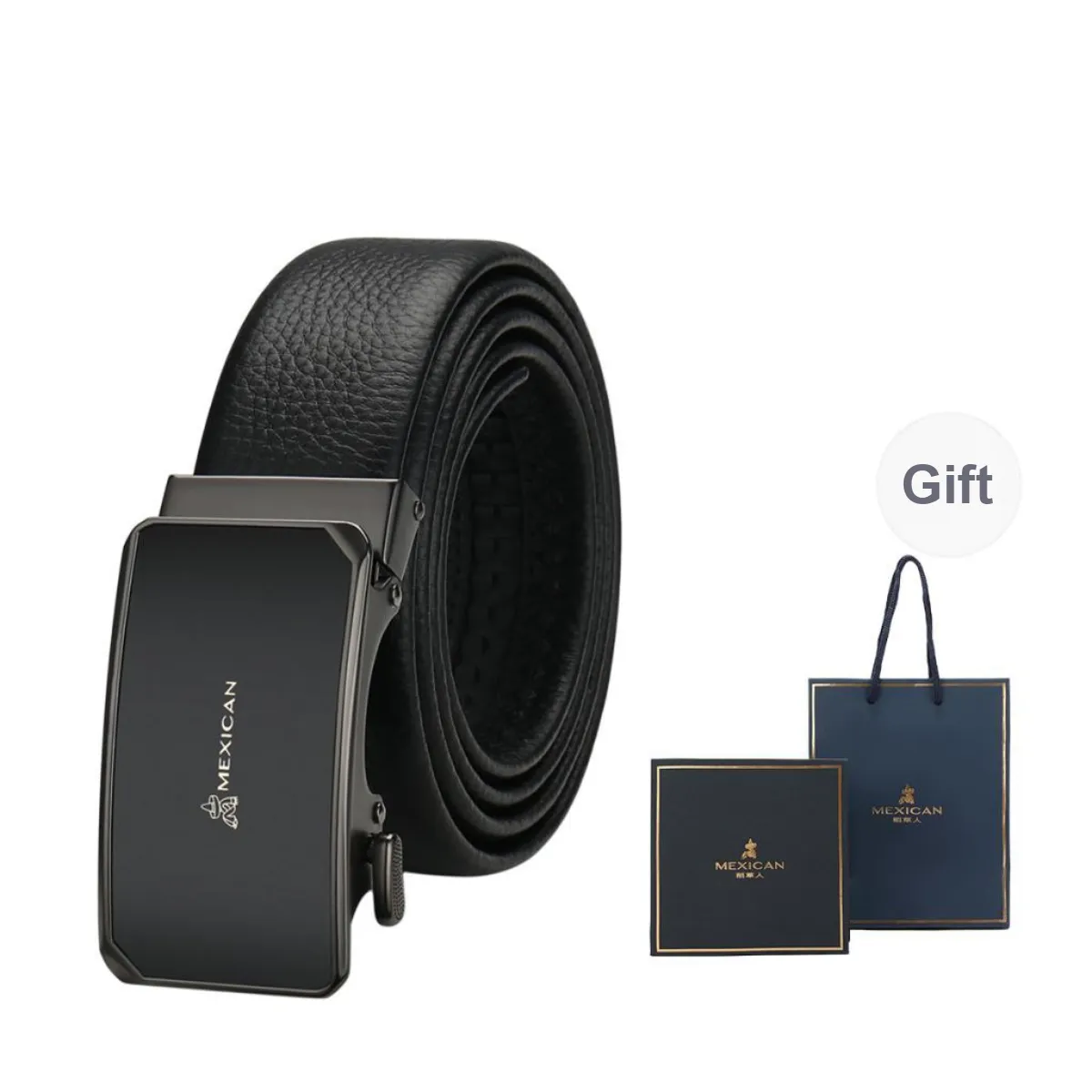 MEXICAN Mirror Finish Automatic Buckle, Inward Curling Hair Cow Leather Belts Men's 3.5cm Width