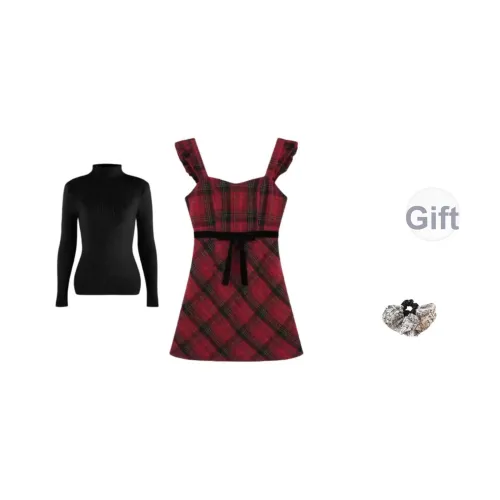 KYKW Черный Трикотаж + Красный Сарафан Резинка для волос Подарок Женские Комплекты с Юбкой