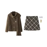Khaki Brown Bodycon Skirt+Brown Sweater (Scarf Non-Detachable) Comes with Free Bear Accessories
