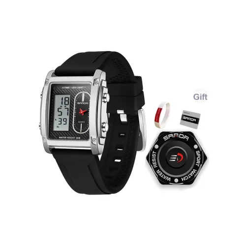 Sanda Электронный + Кварцевый механизм Силиконовый ремешок Часы Мужские Черный циферблат
