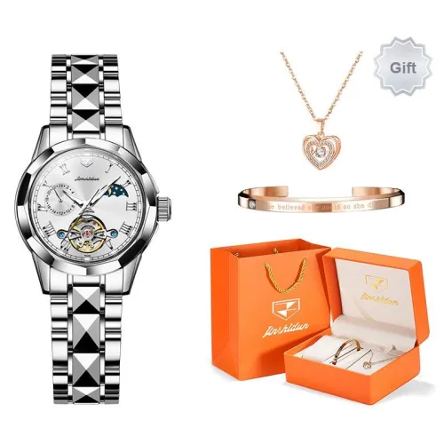 Jin Shi Dun Smart Series Mechanical Movement Stainless Steel Watchband Chinese Watches Women's Watch White Dial