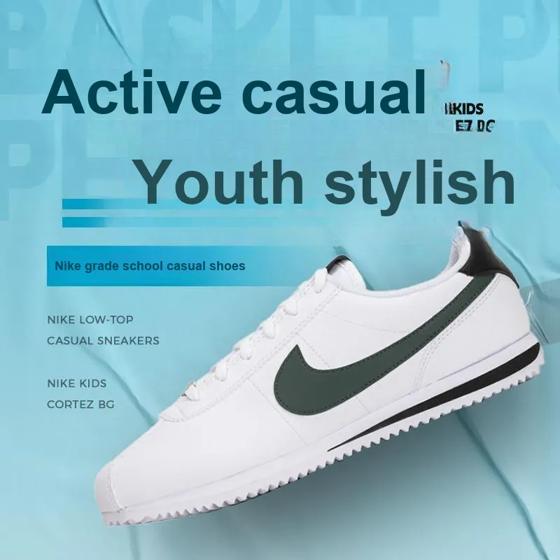 Nike Cortez Anti Slip Wear Resistant Low Top Kids Lifestyle Shoes White Unisex-1