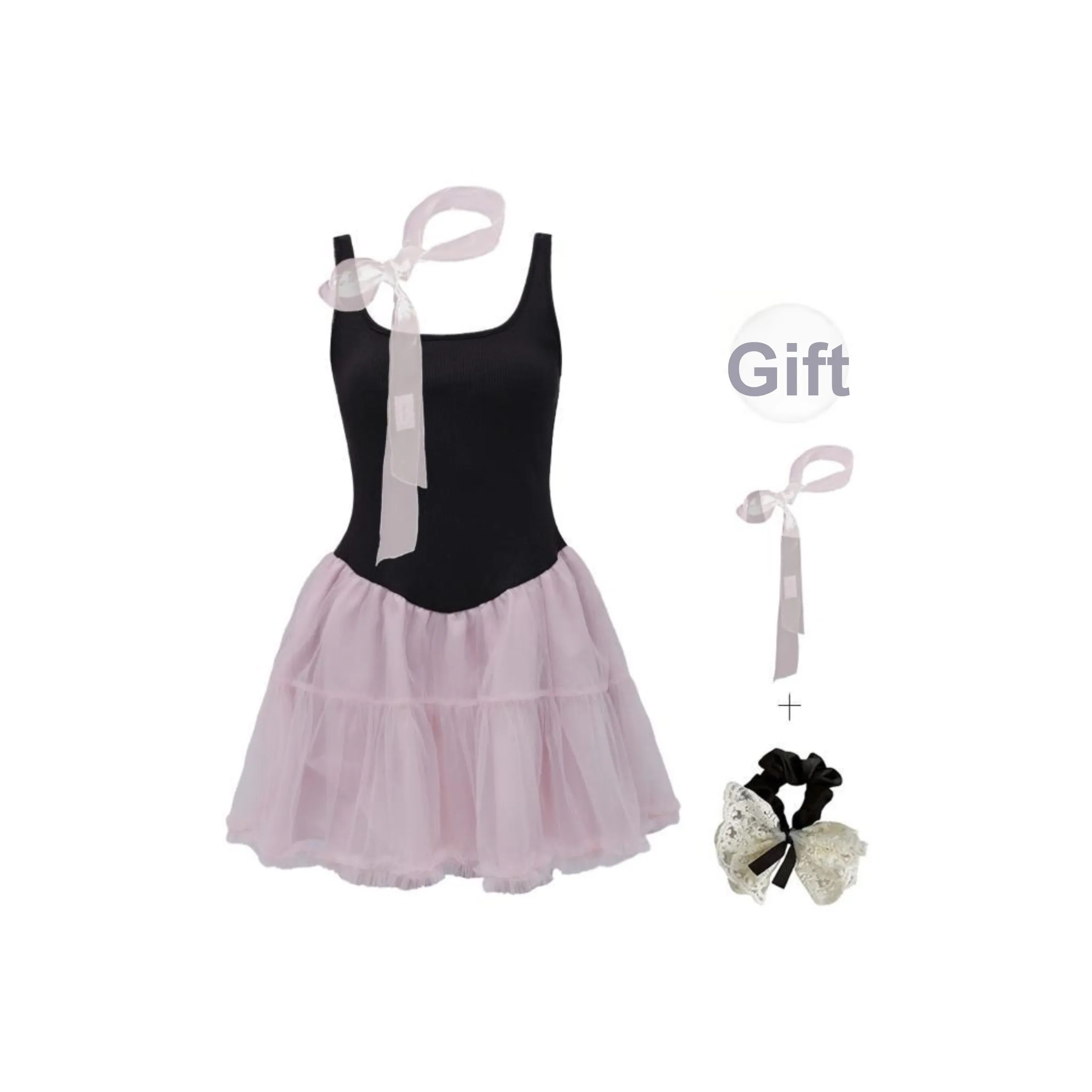 PAVEA Sleeveless Dress Women's Black Pink+Ribbon+Hair Tie Comes With