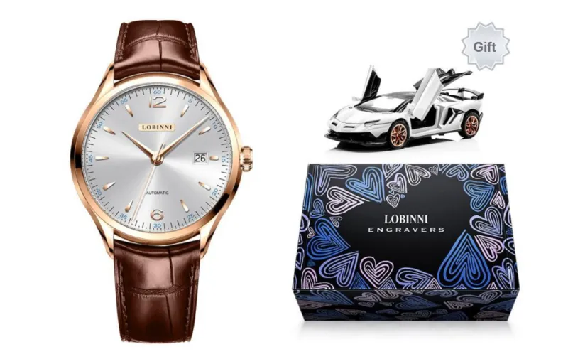 LOBINNI L High-End Taste Men's Wrist Watch Automatic Mechanical Movement Cowhide Strap Watch Men Silver Dial-7