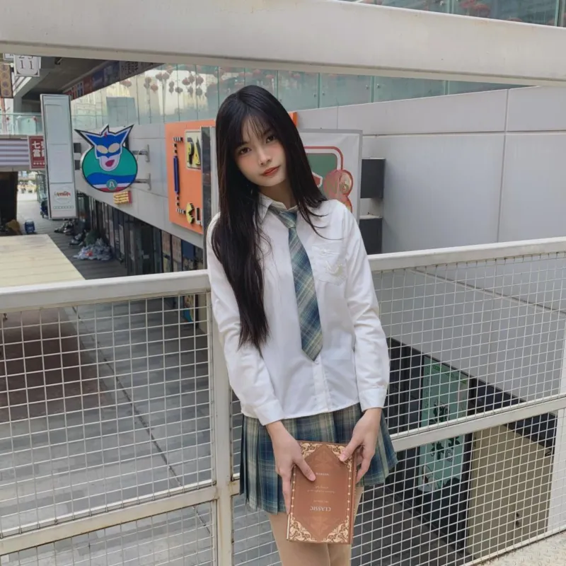 Ice Cream And Whale Uniforms Women's Jingsiyue Shirt+Qingluan Checkered Skirt Comes With Bow Tie+Hanger+School Emblem-5