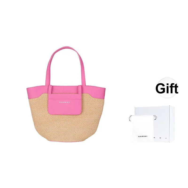 Karkki Top Grain Cow Leather Woven Tote Shopping Bag Women's Handbag Shoulder Bag Women's Pink Pink Lady
