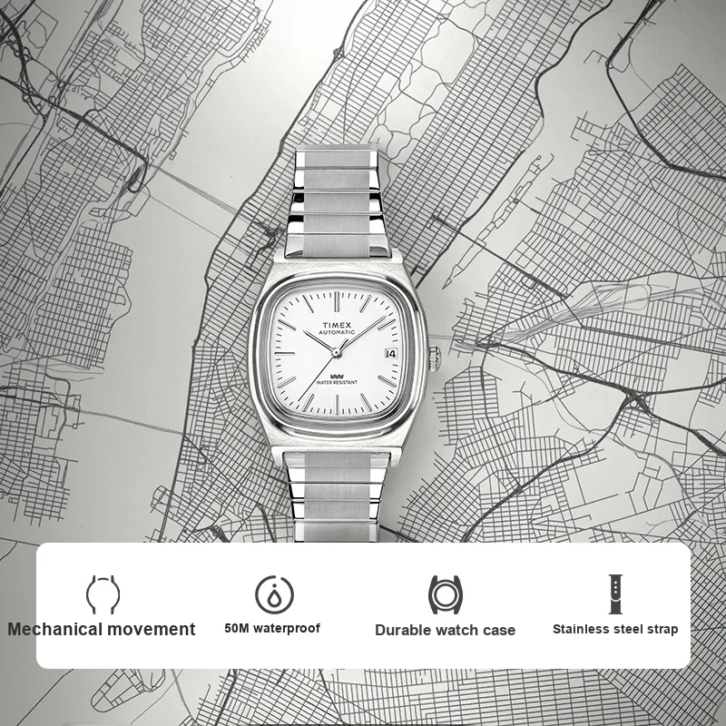 TIMEX Q Series Wrist Watch Mechanical Movement Stainless Steel Strap 34mm White Dial Unisex-5