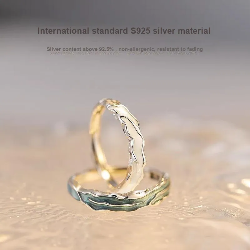 CMLZIUA S925 Sterling Silver Inlaid Enamel Craft White Dew Ring Unisex-3