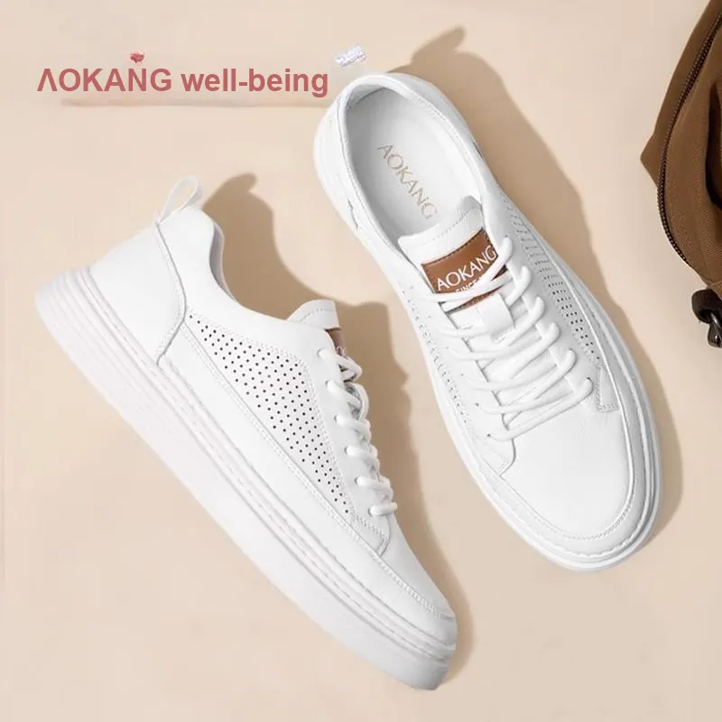 AOKANG Cut Out White Sneakers Breathable Low Top Skateboard Shoes Men's White-4