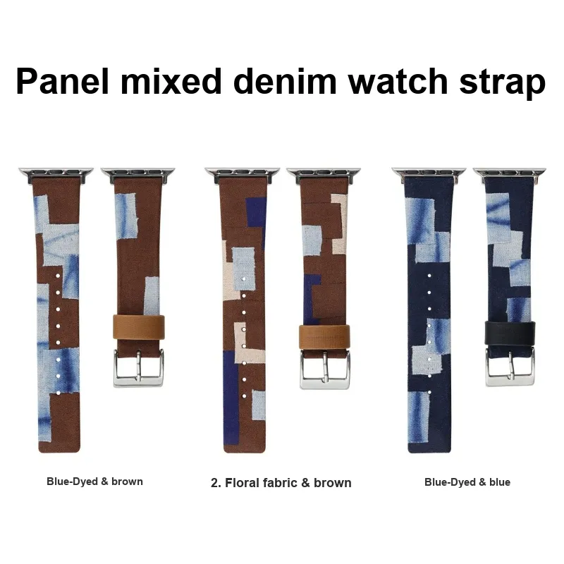 CHRROTA Mixed Denim Canvas Leather Strap Compatibility Apple Watch Apple Watch Iwatch 10/9876 Watch Strap-1