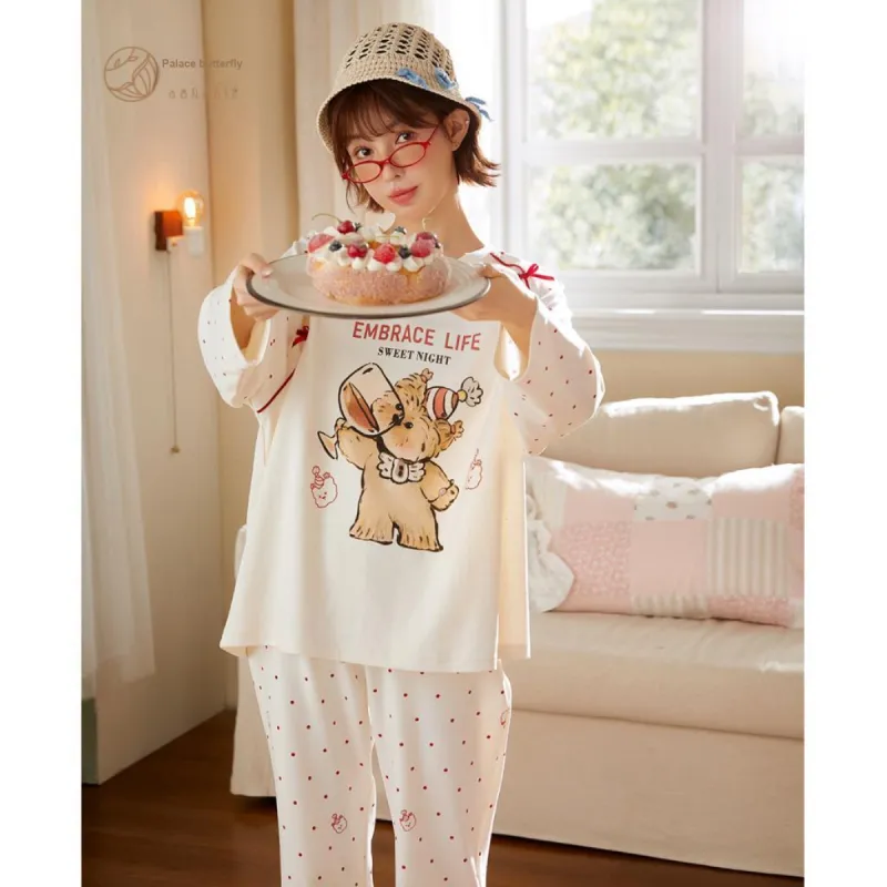 Gongdie x GANBEIXIAOGOUCHAHUA,LIANMINGKUAN Pajama Set Women's Apricot-5