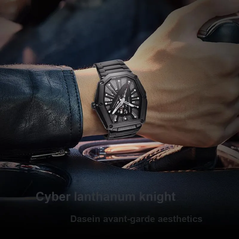 RARONE Knight Laser Knight, Night Black Mechanical Movement Stainless Steel Watchband Watch Men's Watches Cut Out Dial-4