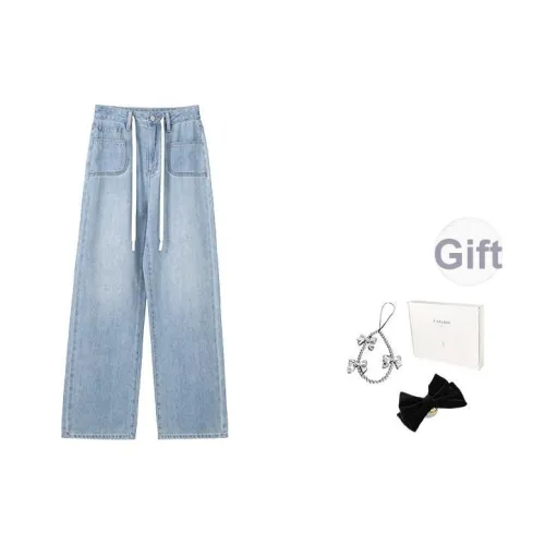 Fstudio Летний Корейский стиль Коммутирование Минималистский стиль Шнур Прямой крой Джинсы Женские Синий