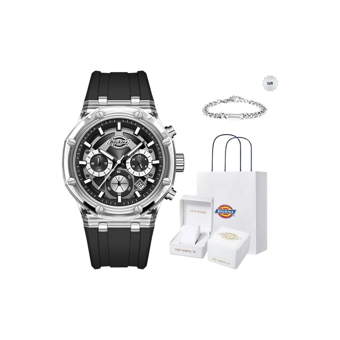 Dickies Наручные часы Кварцевый механизм Силиконовый ремешок Черный циферблат Мужские часы Радужный Белый Золото Коробка