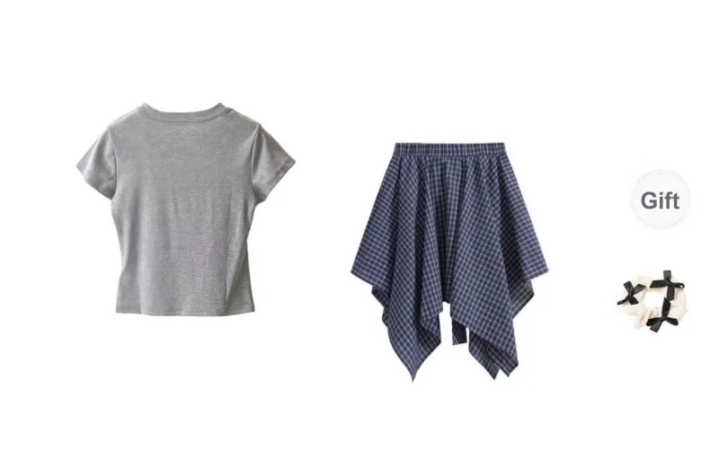 CPAURA Skirt Set Women's Gray Top/Plaid Skirt-1