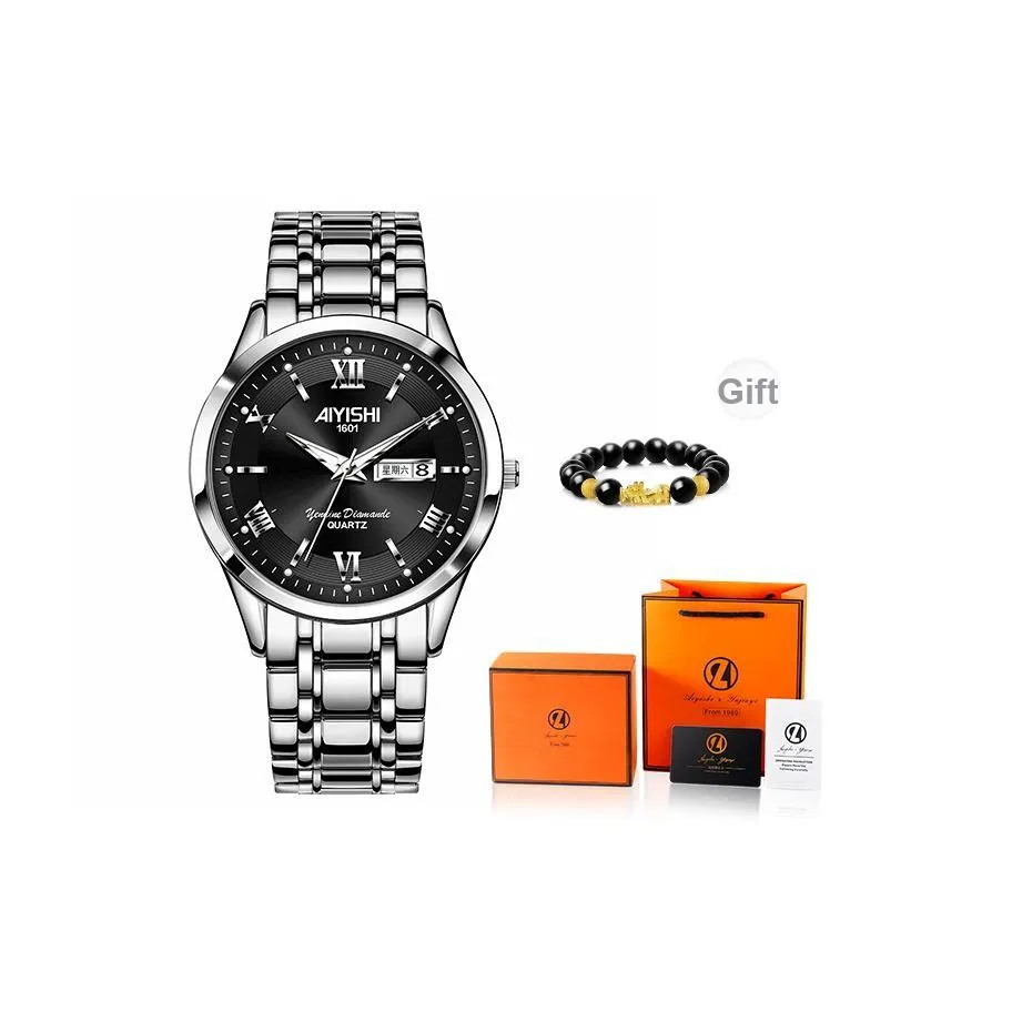 AIYISHI Кварцевый механизм ремешок из нержавеющей стали унисекс черный циферблат