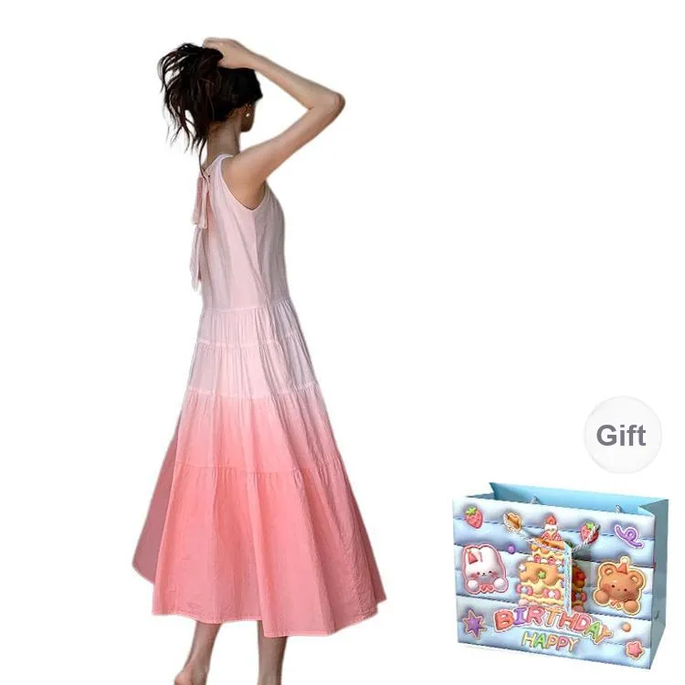 REMOULD Slip Dress Women's Gradient Pink Dress+Waist Cinch Strap-1