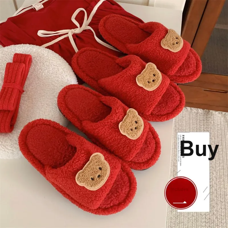 Thin Strips Cotton Slippers Unisex, Red-2