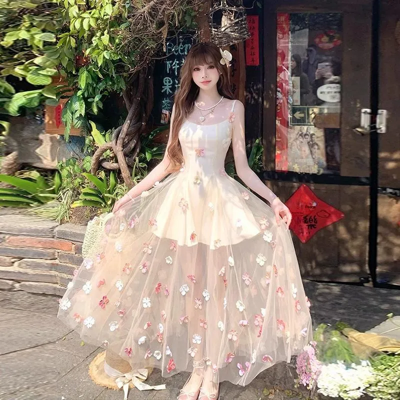 Flowers In Water Slip Dress Women's Apricot-1