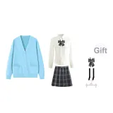 Aqua Blue Cardigan+V-Neck Length Sleeve+Dark Night Killer Short Skirt, Includes Bow Ties+Calf Socks+Hanger