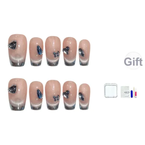 JINGCHANXUE Морской синий Осветляющий Сверкающий Горный хрусталь Handcrafted False Nail Короткий LADDER Французский Телесный Кошачий глаз 14 мм