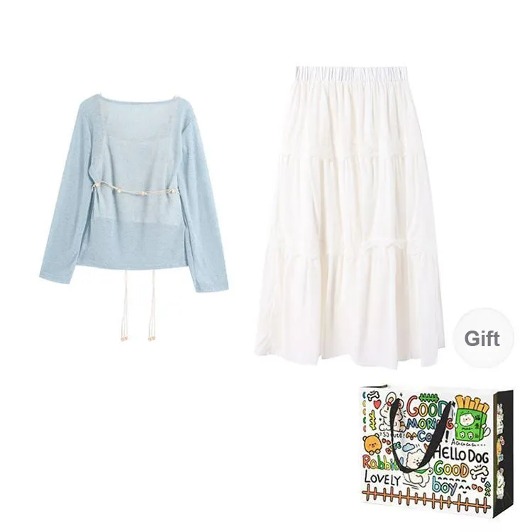 ZVJH Skirt Set Women's Mock Two Piece Top+White Skirt-1