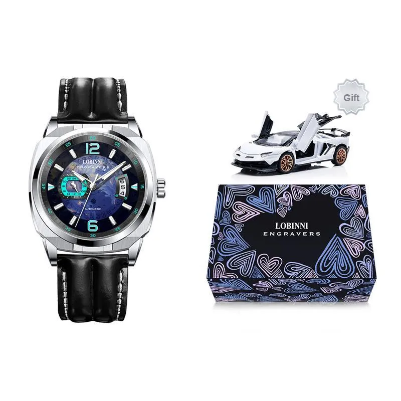 LOBINNI L Automatic Mechanical Movement Genuine Leather Strap Watch Men's Watches Blue Dial-19