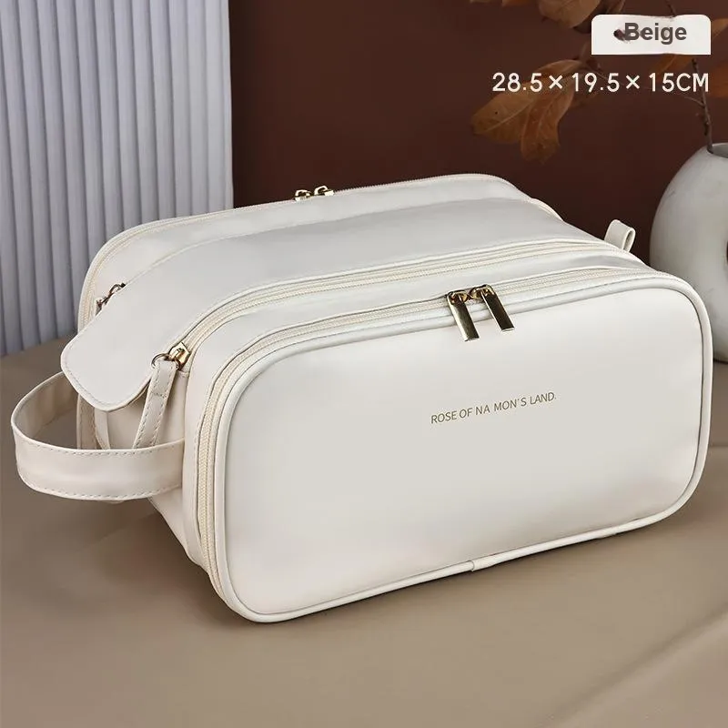 QEEDNS Double Zippers Portable Makeup Bags Good Looking PU Triple Layer-1
