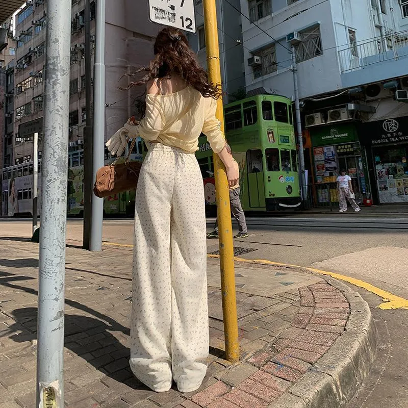 Wen Shan Casual Pants Women's White Small Floral Pattern-2