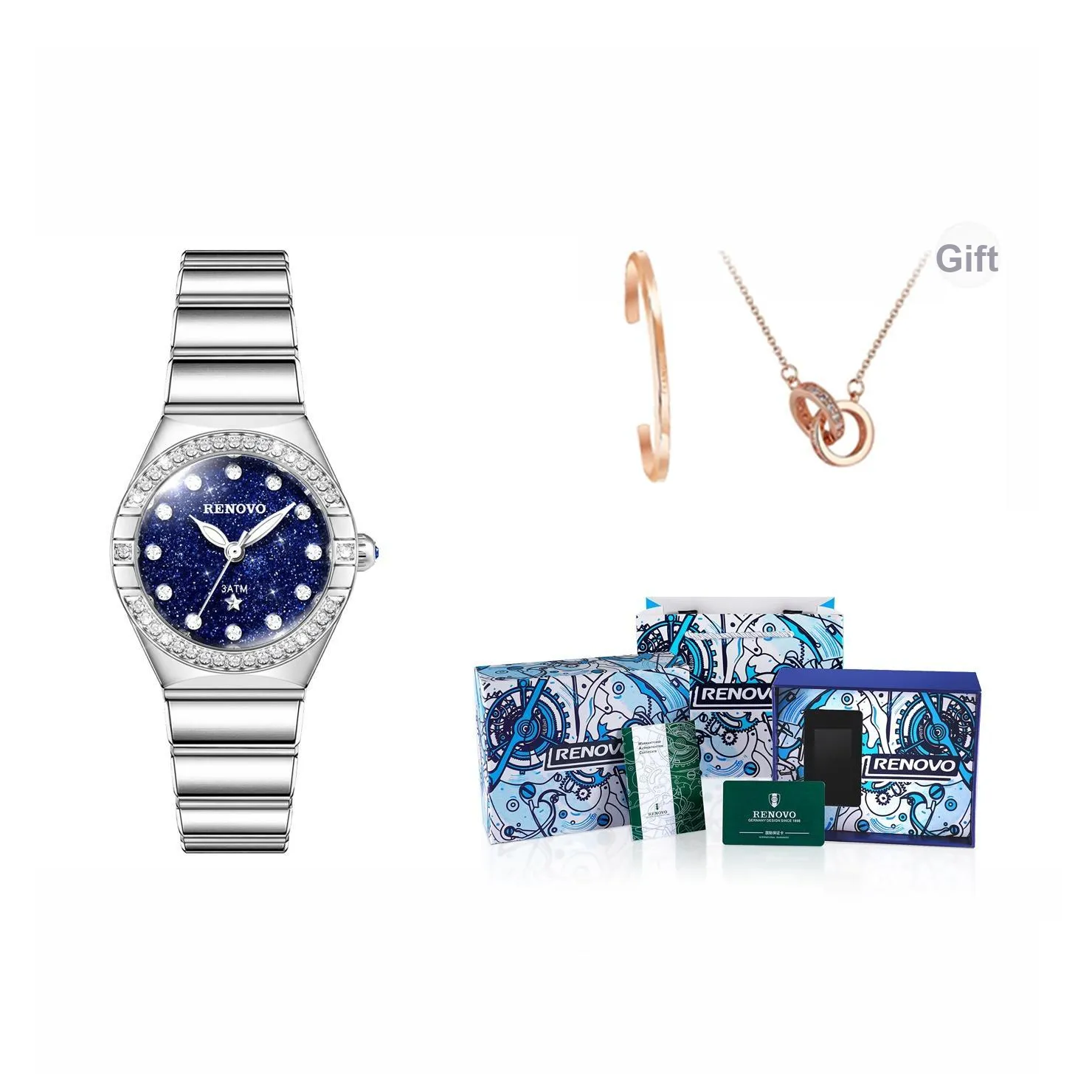 RENOVO Classic Constellation Collection Кварцевый Автоматический Механический Механизм Ремешок из Нержавеющей Стали Часы