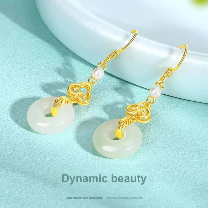 LAOMIAO Hetian Jade Earrings Pale Greenish White Jade Women's-1