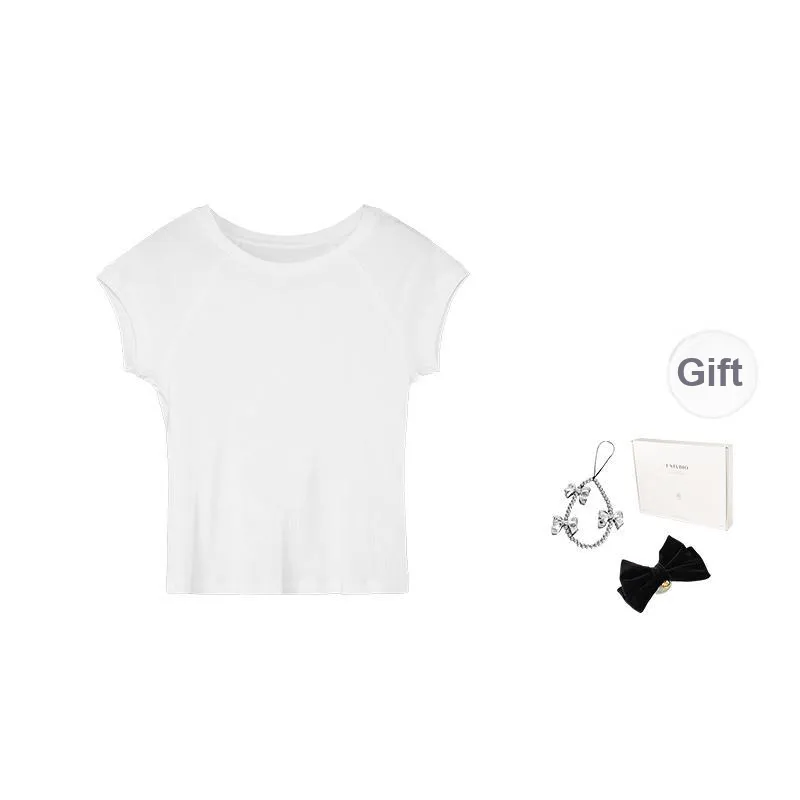 Fstudio Korean Style Solid Color Crew Neck Top Knitted Fabric Short Sleeved T Shirts Women's-0