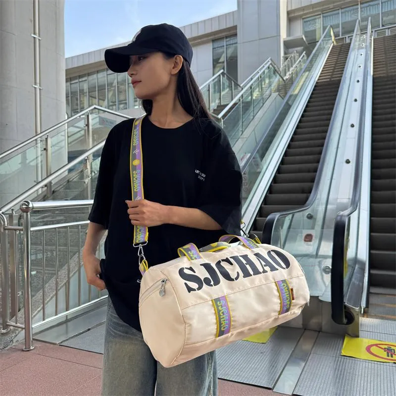 Yalu Nylon Shoulder Bag, Travel Bag Unisex Ecru/Gray/Black/Ecru & Purple-9