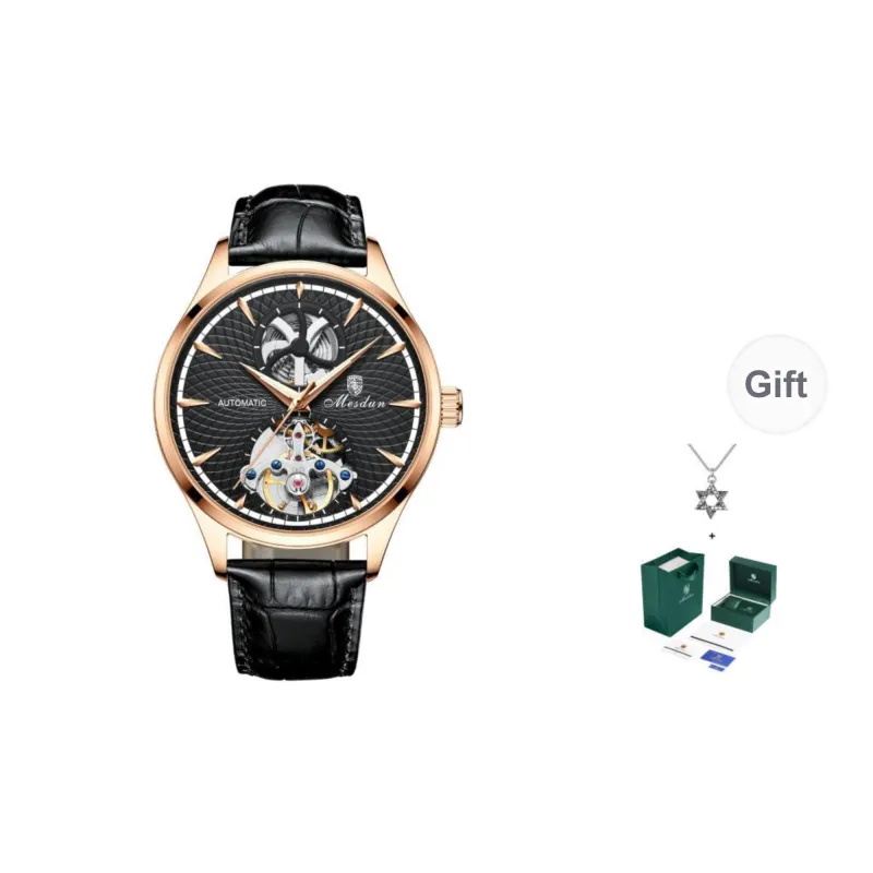 MESDUN Mechanical Movement Genuine Leather Strap Watch Men's Watches Silver Dial-5