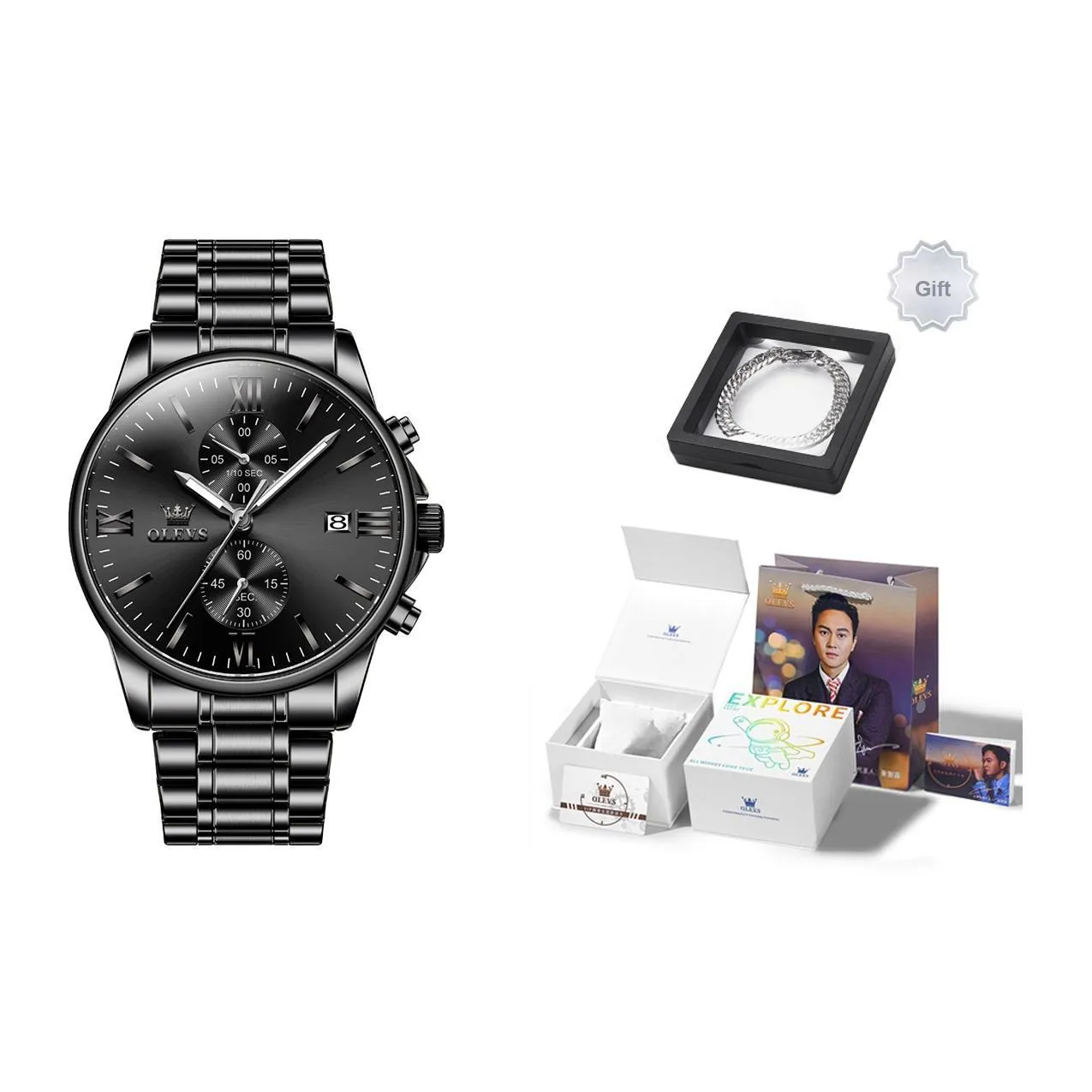 OLEVS Кварцевый механизм ремешок из нержавеющей стали мужские часы черный циферблат