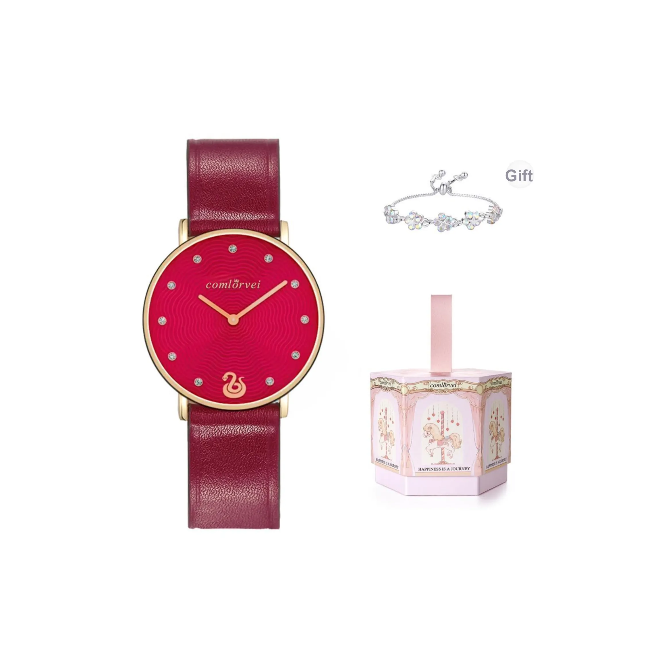 COMLORVEI Год Змеи Ограниченная серия Кварцевый механизм Коровья кожа Ремешок Часы Женские часы Красный циферблат часов