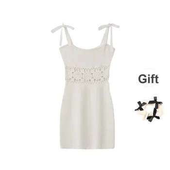 XUOIZA Slip Dresses Women's Milk White+Bowknot Hair Tie Comes With
