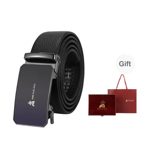 MEXICAN Mirror Finish Automatic Buckle Top Grain Cow Leather Belts Men's Black Width  3.5cm