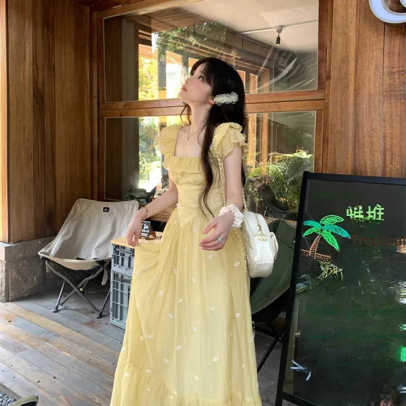 Garbege Short Sleeved Dresses Women's Yellow-4