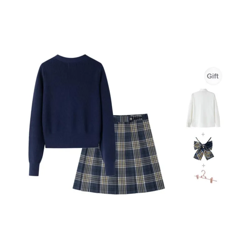 Tokyo Season Uniforms Women's Dark Blue Sweater+Yellow Green Plaid Skirt, Comes With Free Shirt+Boxer-1