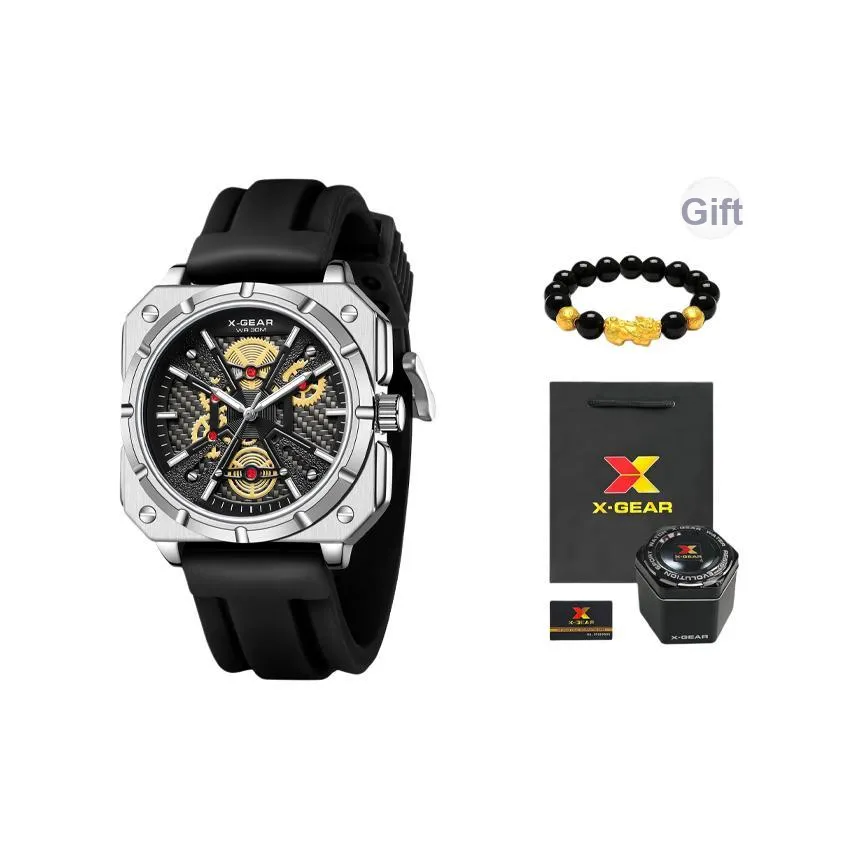 X Шестерня Мужской Mechanical Style Китайская модная тенденция Квадратные часы Кварцевый механизм Часы Мужские Черный циферблат