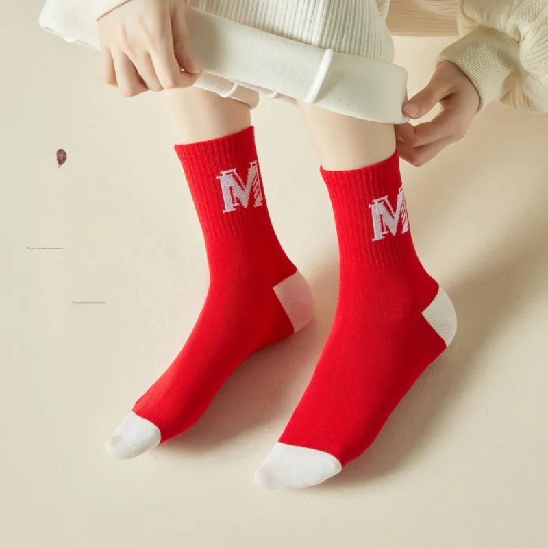 MIIOW Mid Calf Socks Women's 5 Pack Red And White Text Pattern-3
